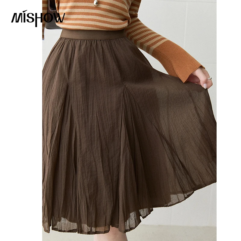 MISHOW Women's Vintage High Waist Midi Skirt 2026 Autumn Cotton Pleated A-line Skirts Slim Elegant Flowy Ladies Skirt MXF46B2604