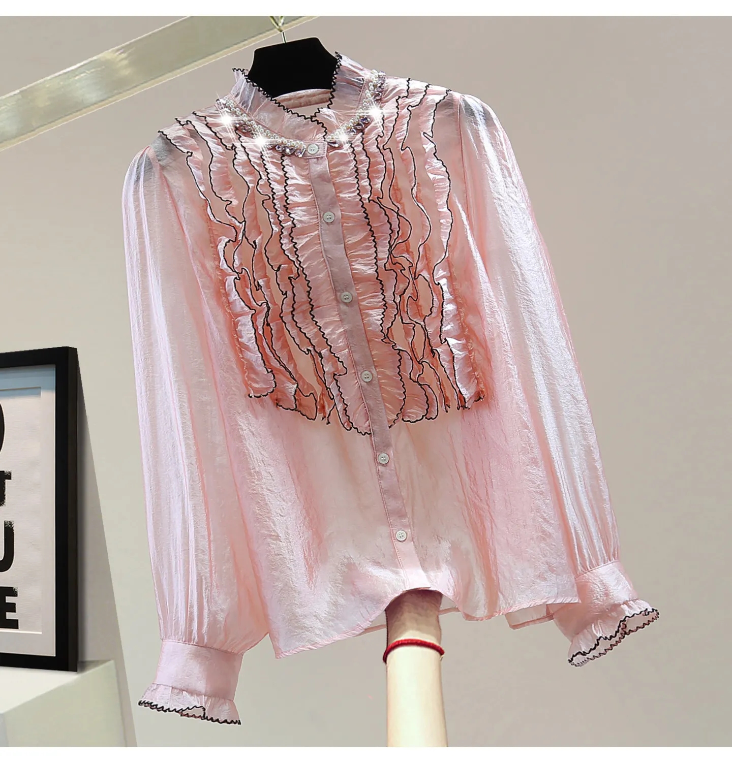 

Heavy-duty Ruffled Shiny Stand-collar Chiffon Shirt, 2026 Spring-summer Rhinestones and Beading, Straight-cut Long-sleeve Blouse