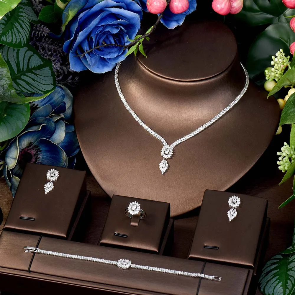

HIBRIDE High-end Minimalist Cubic Zirconia Dress Party Wedding Bridal Jewellery 4 Pieces Earrings Necklace Set Accessories S-532