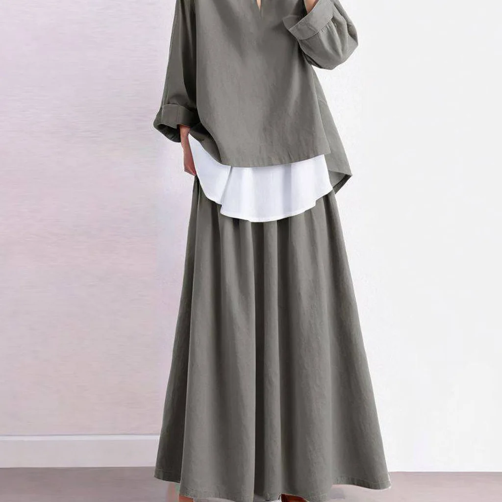 Skirt Suit Women 2 Piece Sets Blouse Top Long Skirts Ensemble V Neck Office Lady Tops A Line Elastic Waist Outfits Autumn 2025