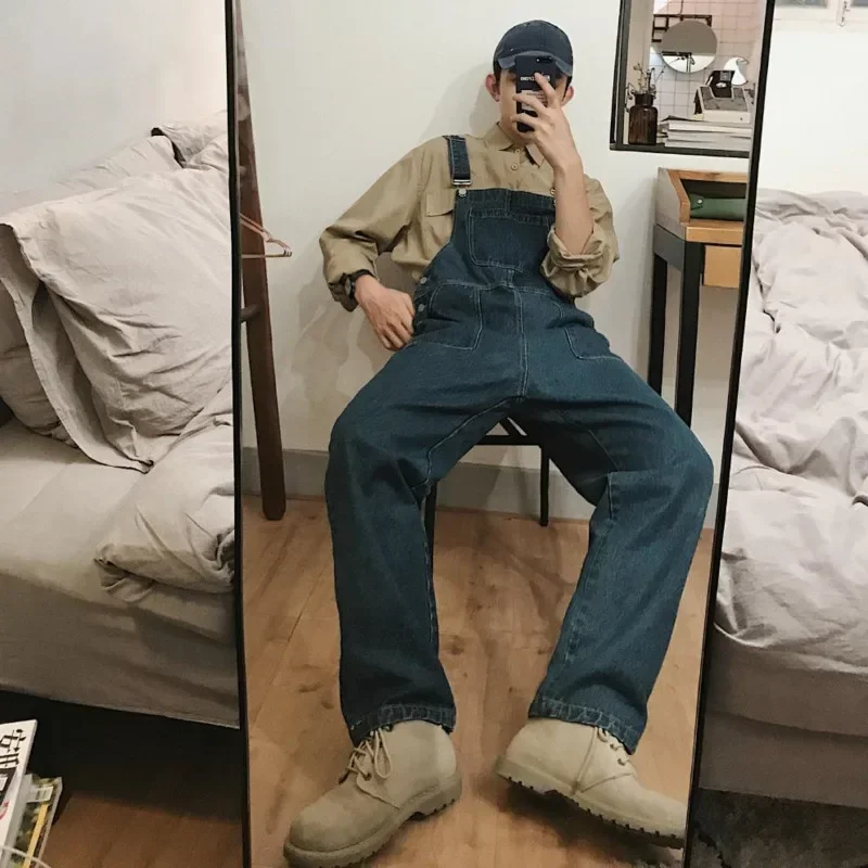 Denim Jumpsuits Male Solid Basic Overalls High Street Man New Hot Sale Blue Vintage Fashion  Man Casual Loose Wild Jumpsuit