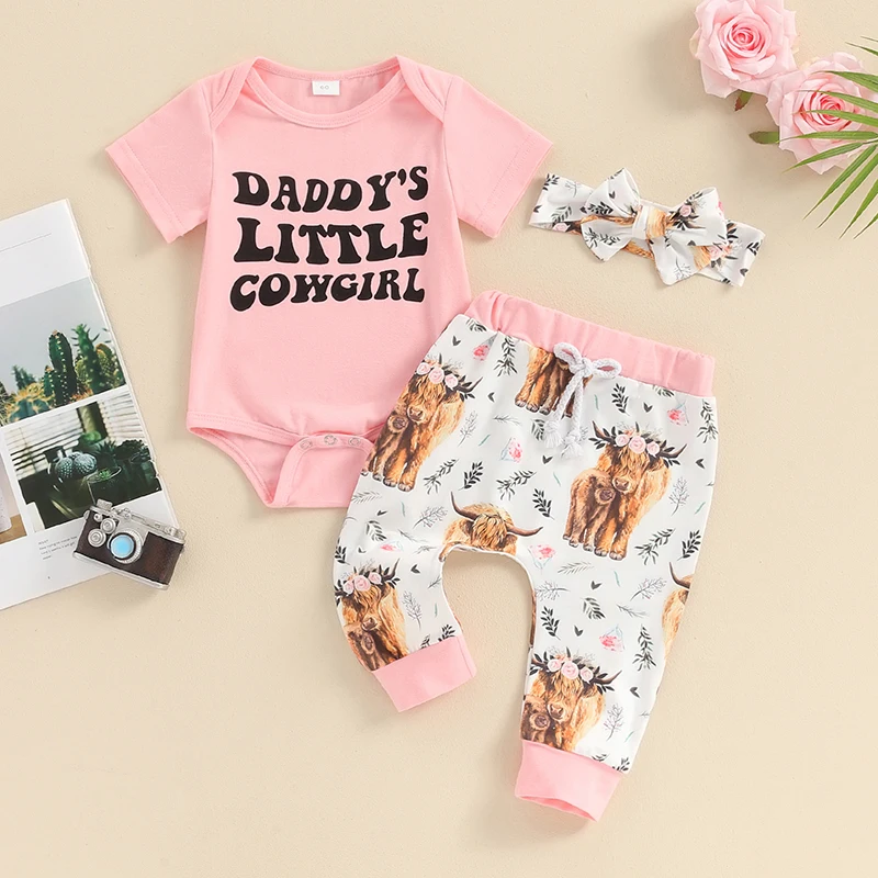 

Baby Girls Summer Outfit Toddler Infant Clothing Short Sleeve Letters Print Romper with Cow Print Flare Pants and Headband