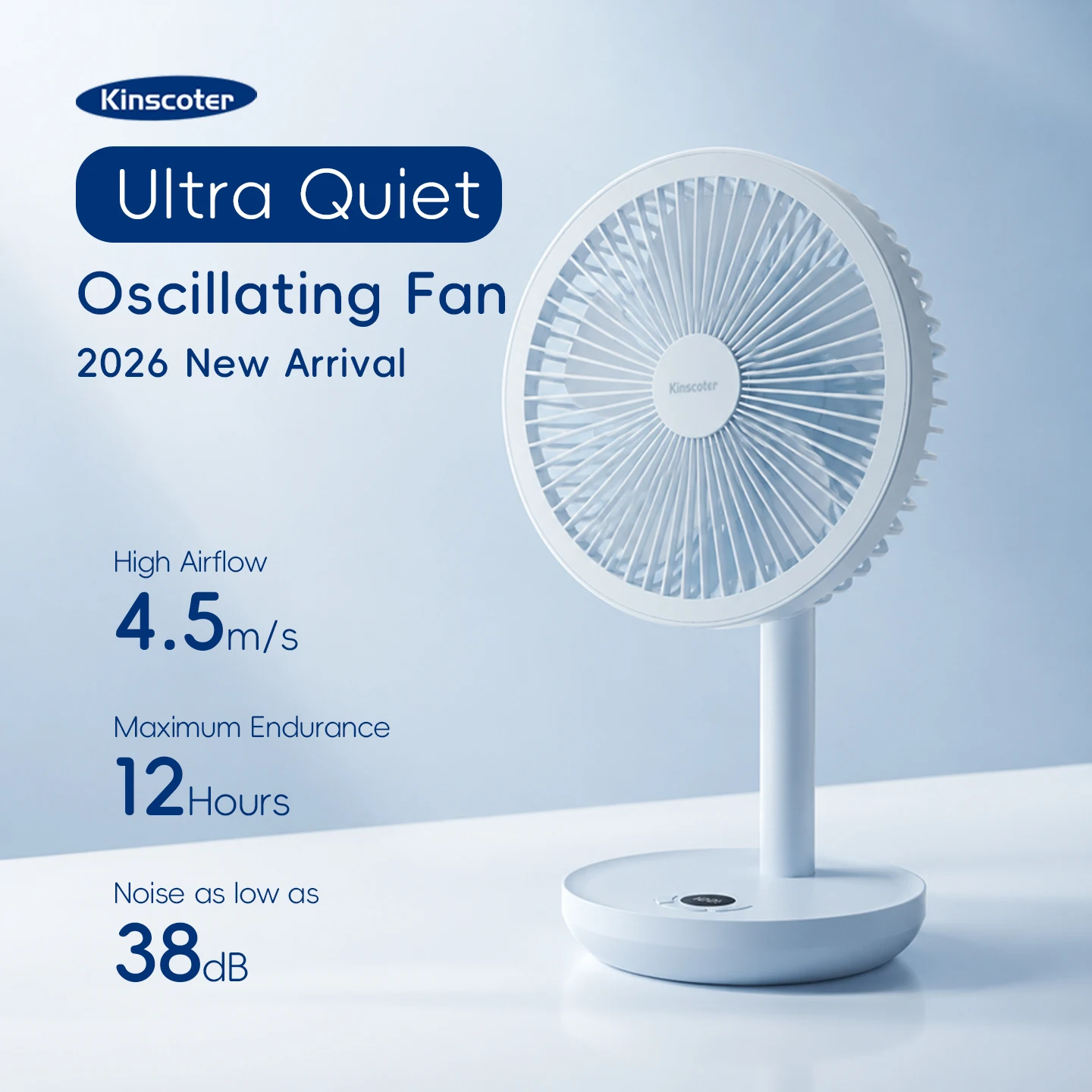 KINSCOTER Smart Oscillating Desktop Fan 4000mAh USB Rechargeable Fan Angle Adjustable 5 Gear Wind Speeds for Home Office Room
