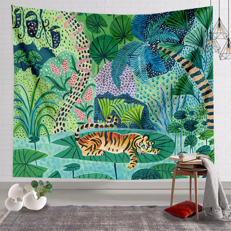 

Animal King Forest Tiger Tapestry Wall Hanging Tropical Palm Plant Flower Bohemian Tapestry Home Decoration Yoga Mat Blanket