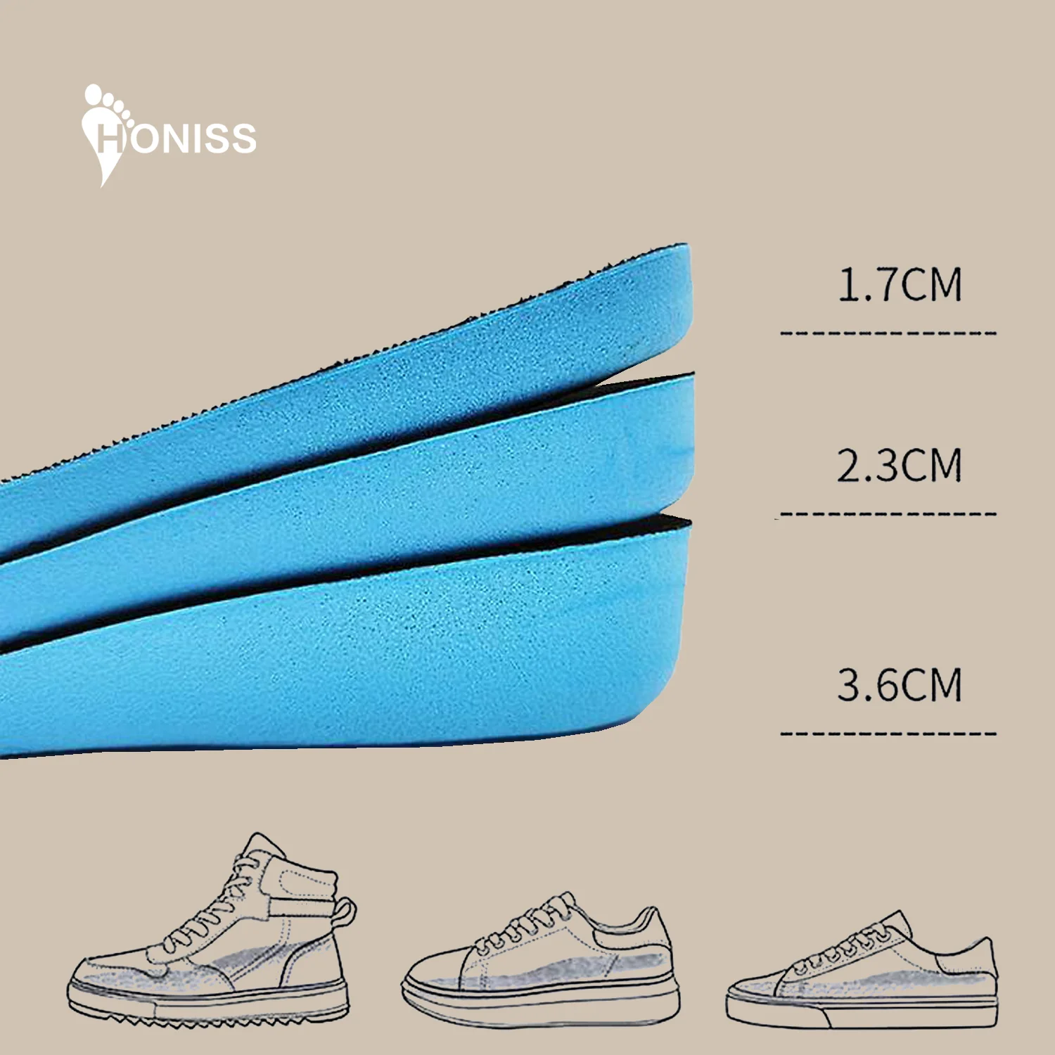 Plantillas invisibles para aumento de altura para hombre y mujer, almohadilla transpirable con absorción de impacto para el cuidado de los pies, color azul