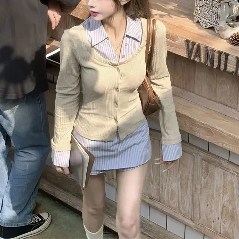 الخريف مخطط المرقعة مطابقة مجموعات قطعتين مجموعة طويلة الأكمام الملابس النسائية ضئيلة الكورية التلبيب زر شيك التنانير الصغيرة مجموعات #5