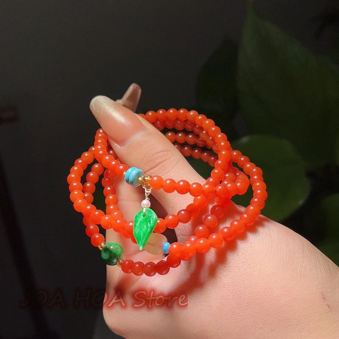 Round Bead Bracelet Necklace With Four Circles Hand String Natural Warring State Agate Bangle Chain Dry Verdant Jade DIY Jewelry