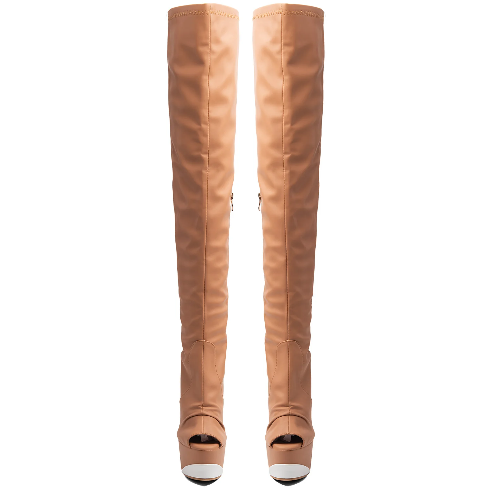 Botas altas hasta el muslo con punta abierta, de color camel, para mujer, con plataforma de cuero sintético fruncido, tacón de aguja y diseño largo que llega por encima de la rodilla, ideales para fiestas.
