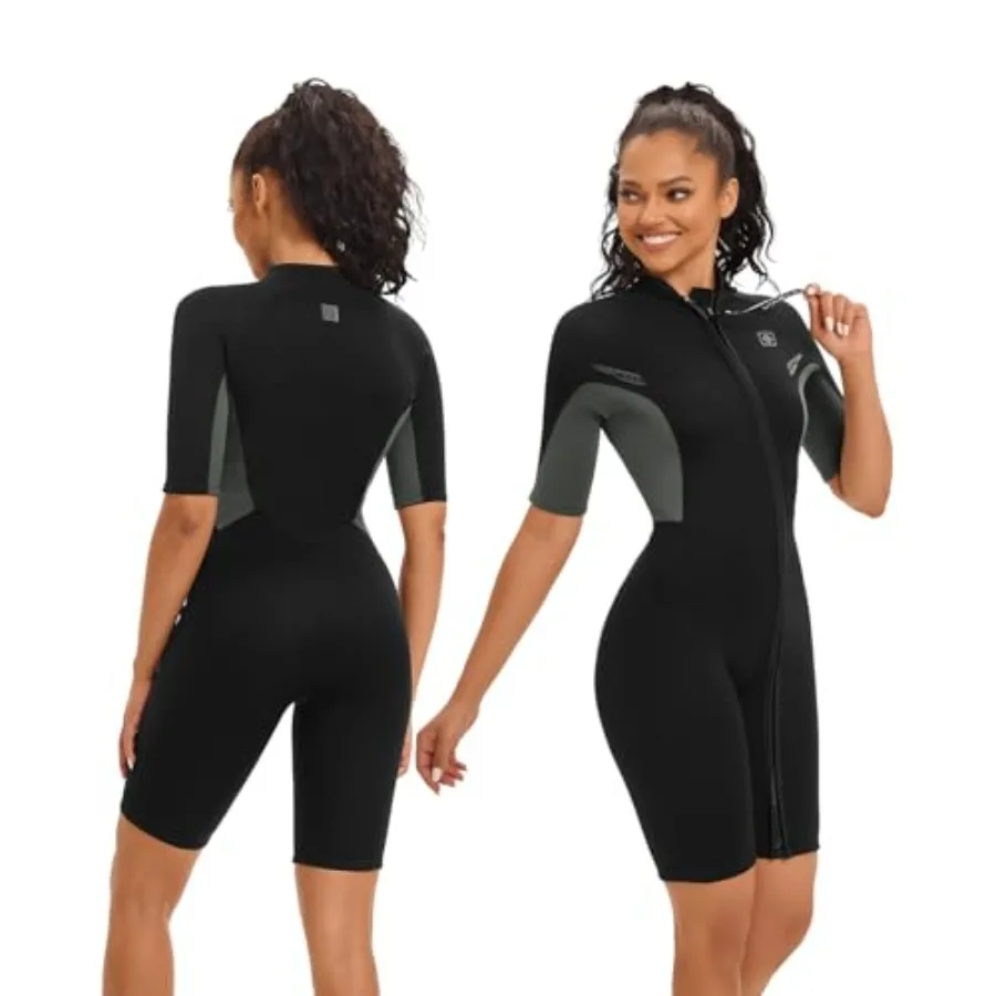 

Shorty wetsuits for men and women: 2mm neoprene black front zip closure for easy wear and enhanced mobility in warm-water divin