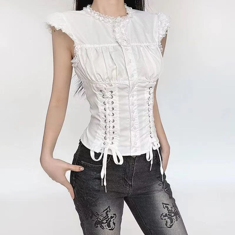 Y2K Japanese Bandage Shirt Women Harajuku Vintage Aesthetic Lace Patchwork Grunge Blouse Sweet Slim Single Breasted Crop Tops