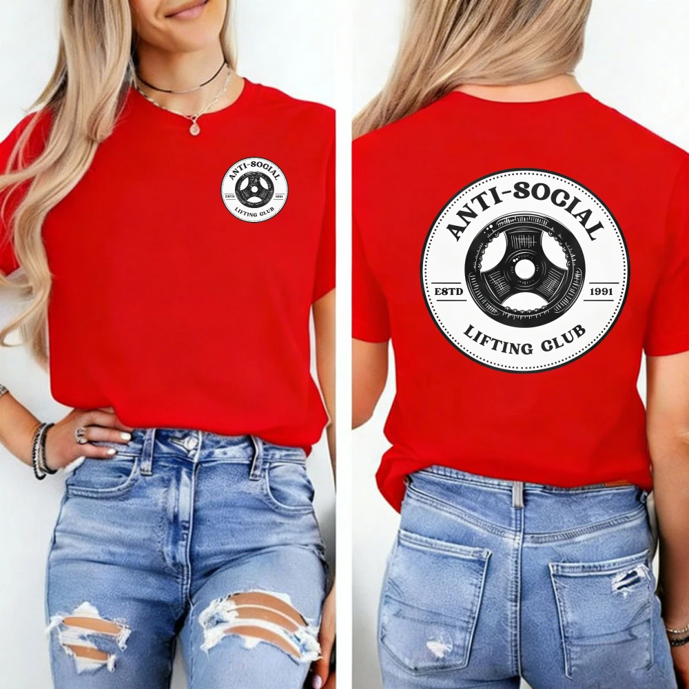 Anti-Social Lifting Club Estd 1991 Women Clothing Aesthetic Streetwear Crew Neck Vintage Weight Plate Circle Badge  Gym Top