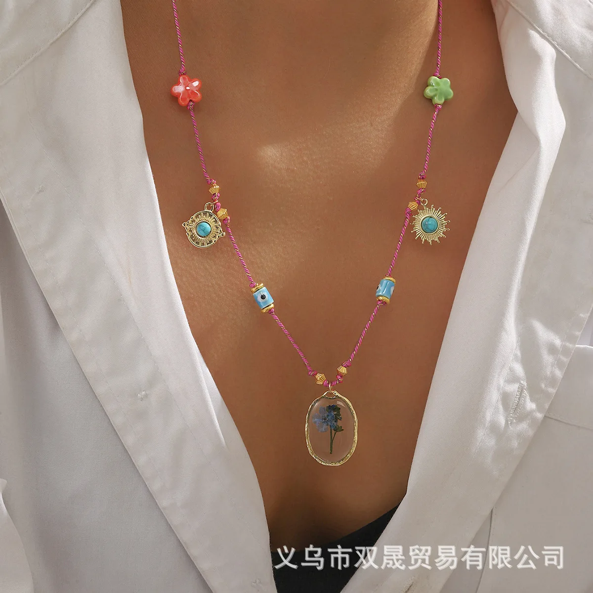 Personalized trend Epoxy immortal dried flower new Chinese five-petal flower inlaid turquoise necklace necklace wholesale