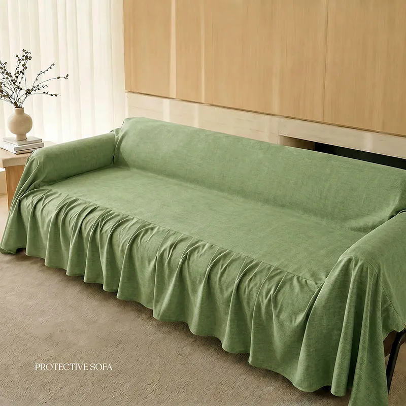 Solid Chenille Sofa Towel with Skirt Wear-Resistant Simple Couch Slipcover for Office Cozy Stain-Resistant Easy-Care Dust Cover