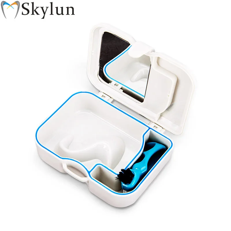 

Dental mirror with brush denture box oral removable denture tooth box holder box portable denture box