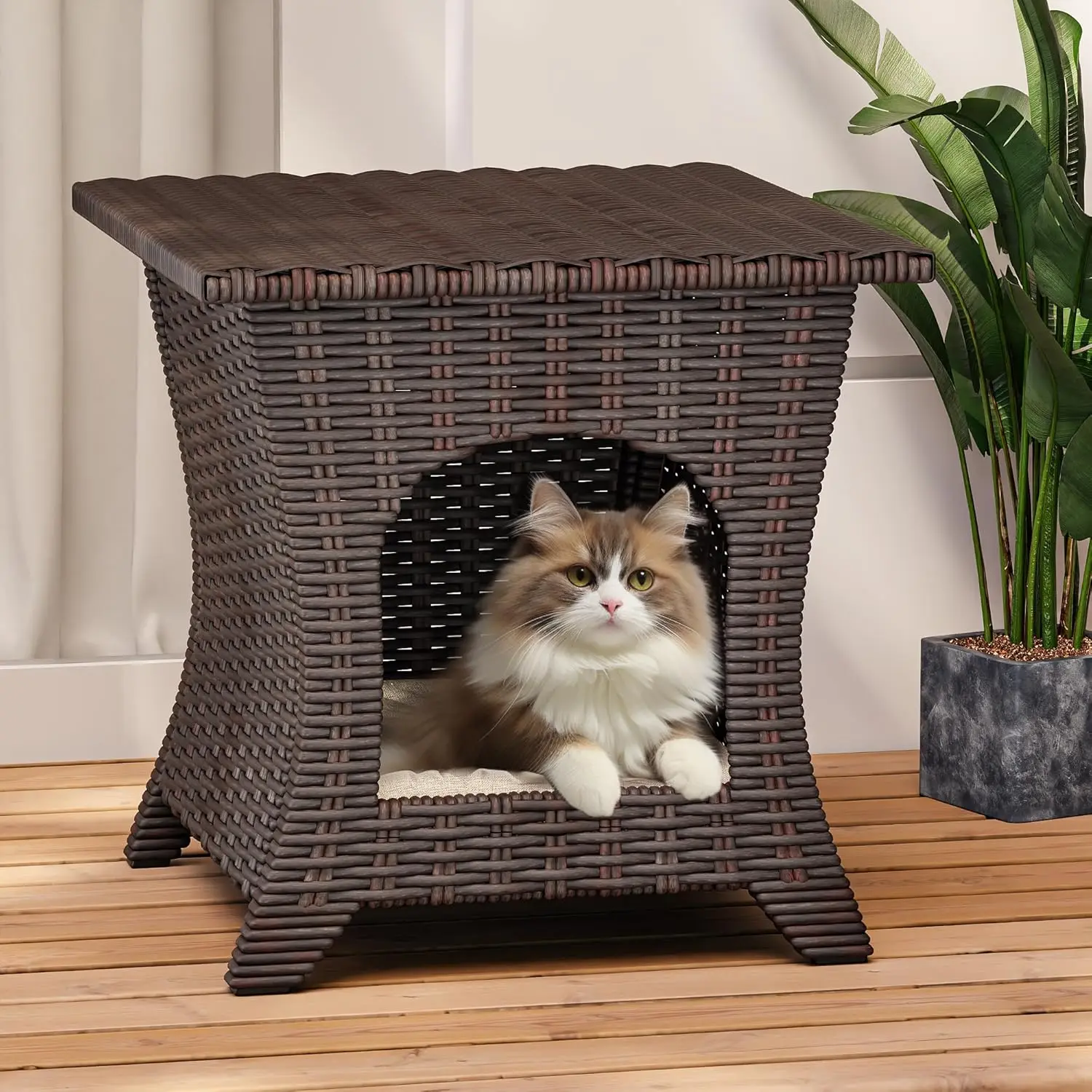 

Patio End Table, Wicker Side Table and Cat Bed with A Cushion for Cats, Hand-Woven PE Wicker and Thick Cushion, Customized