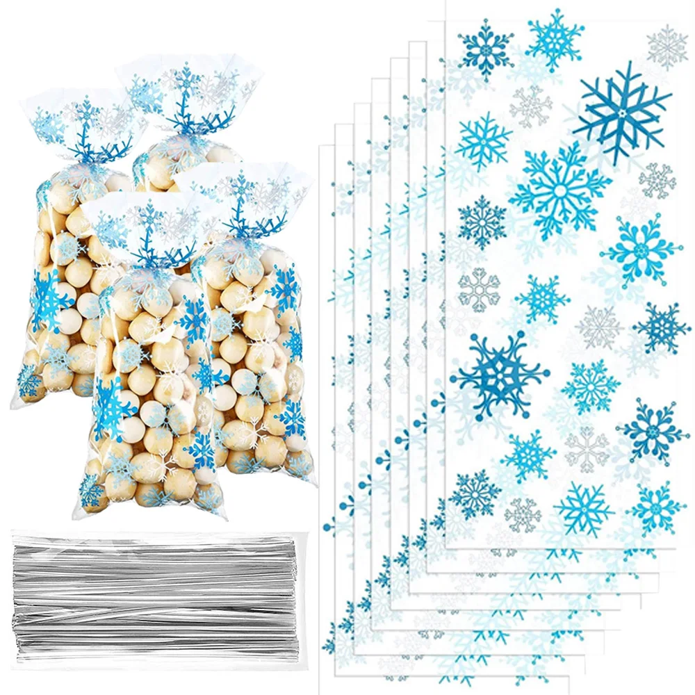 10/20/30/40/50pcs Christmas Snowflake Cellophane Bags Winter Snowflake Holiday Candy Cookie Treat Gift Bag Christmas Party Decor