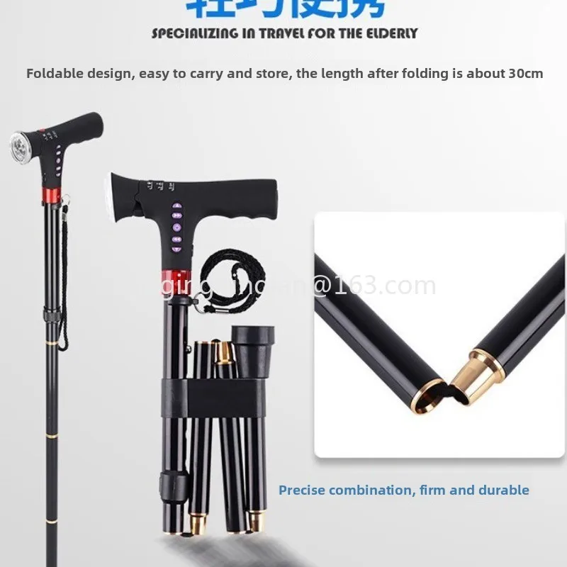 Factory wholesale folding telescopic hiking stick aluminum alloy with light MP3 music shock  stick crutch foldable tool