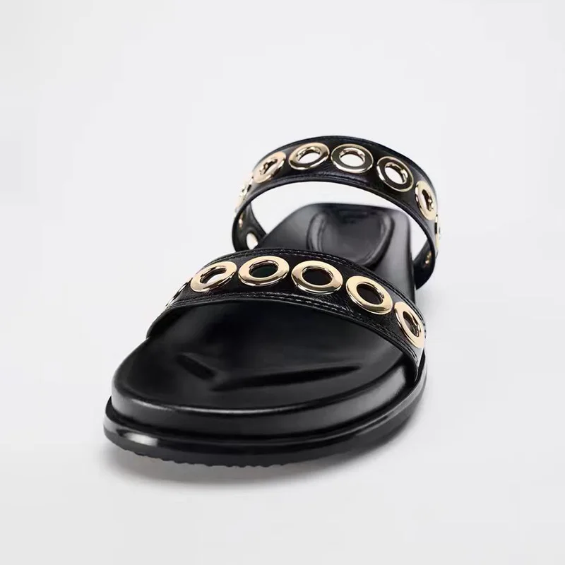 TRAF Metal Loop Upper Flatform Slippers Women Ventilate Wide Straps Black Sandals Casual Thick Sole Flat Shoes For Woman Trend