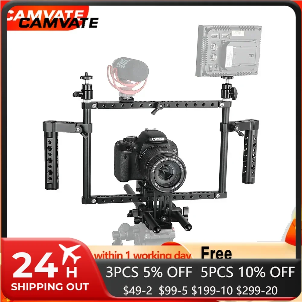 CAMVATE Full Frame DSLR Camera Cage Rig With Adjustable Dual Cheese Handgrip15mm Rod Support System Manfrotto Quick Release Plat