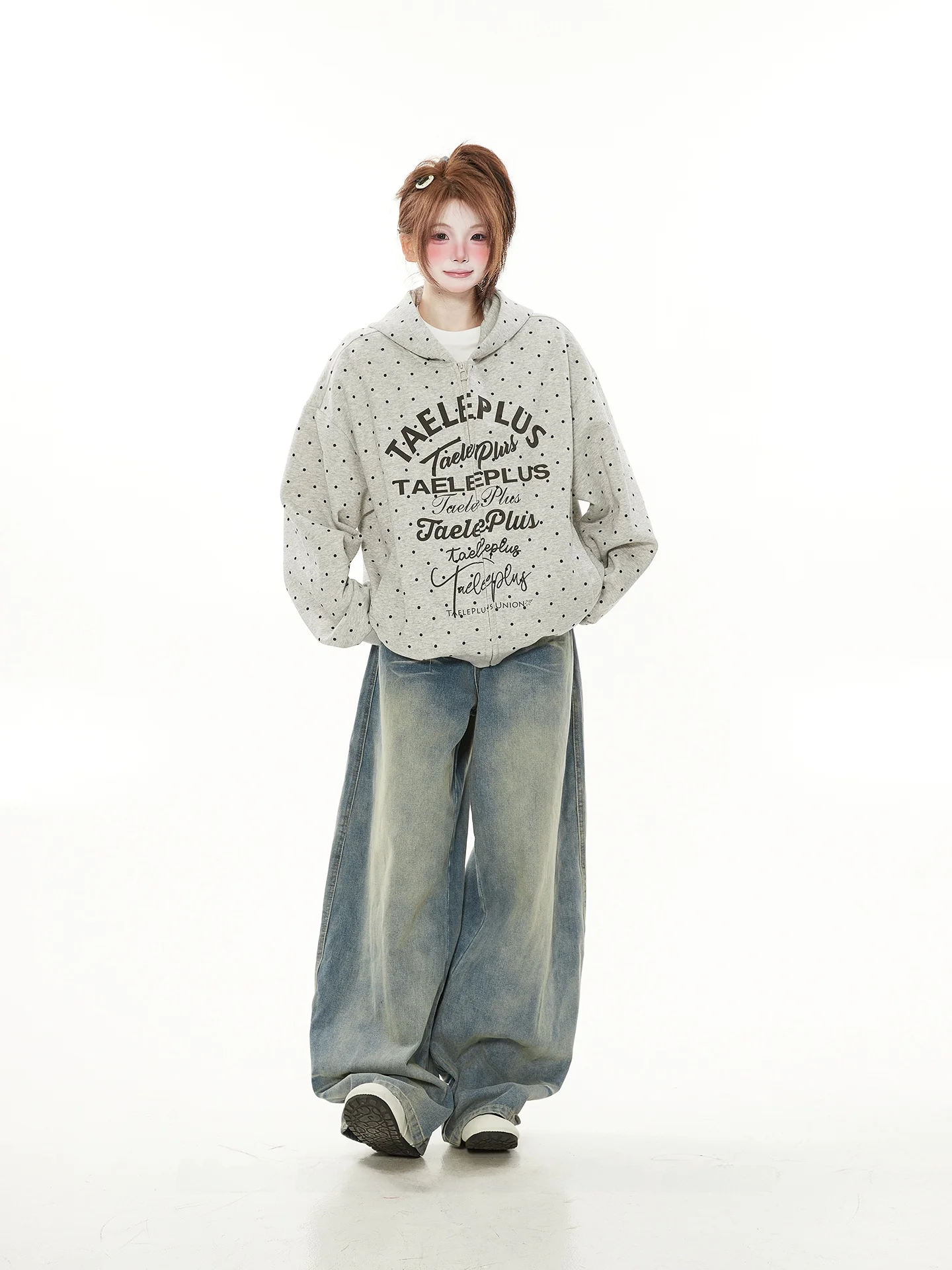 

Женский кардиган с капюшоном в стиле ретро, американский дизайн, с принтом в горошек и надписями, свободный крой, универсальная верхняя одежда для весны и осени