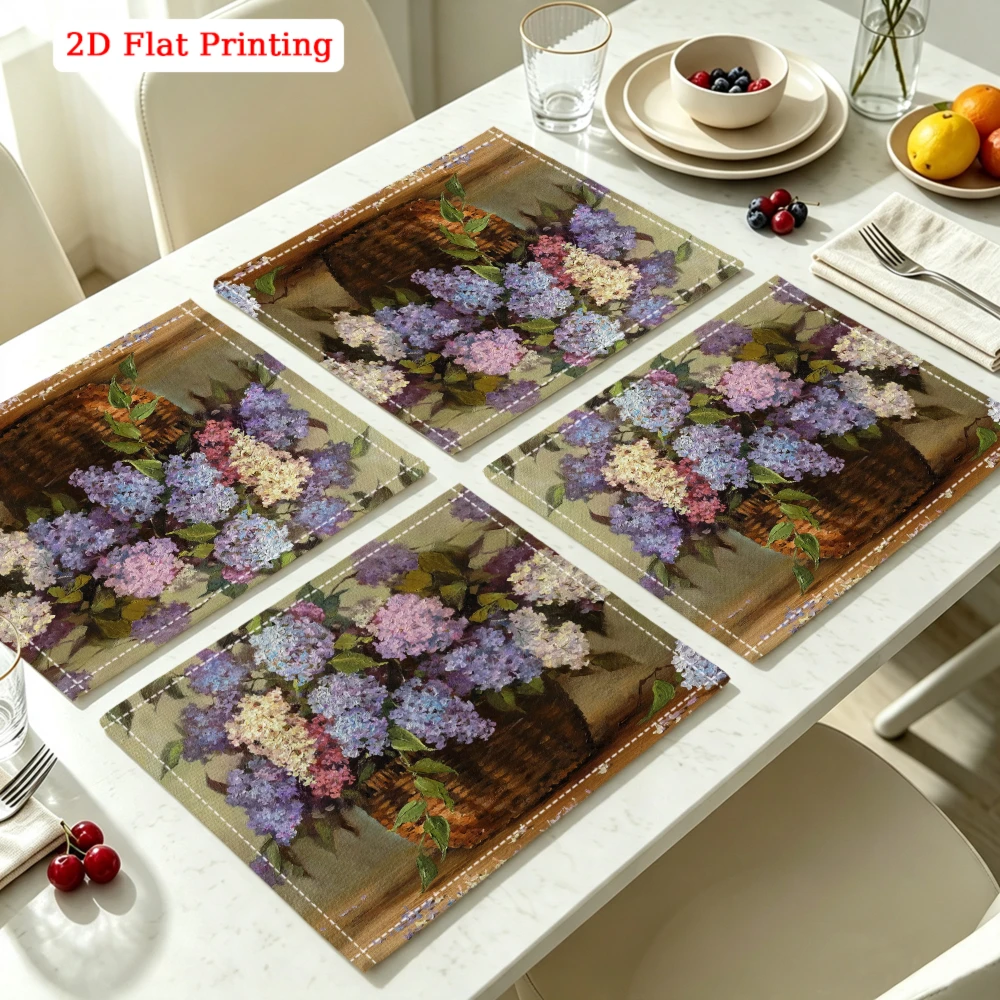 2Pcs Floral Placemat Purple Hydrangea Basket Print Table Mat Kitchen Dining Decor Non Slip Heat Resistant 30X40Cm