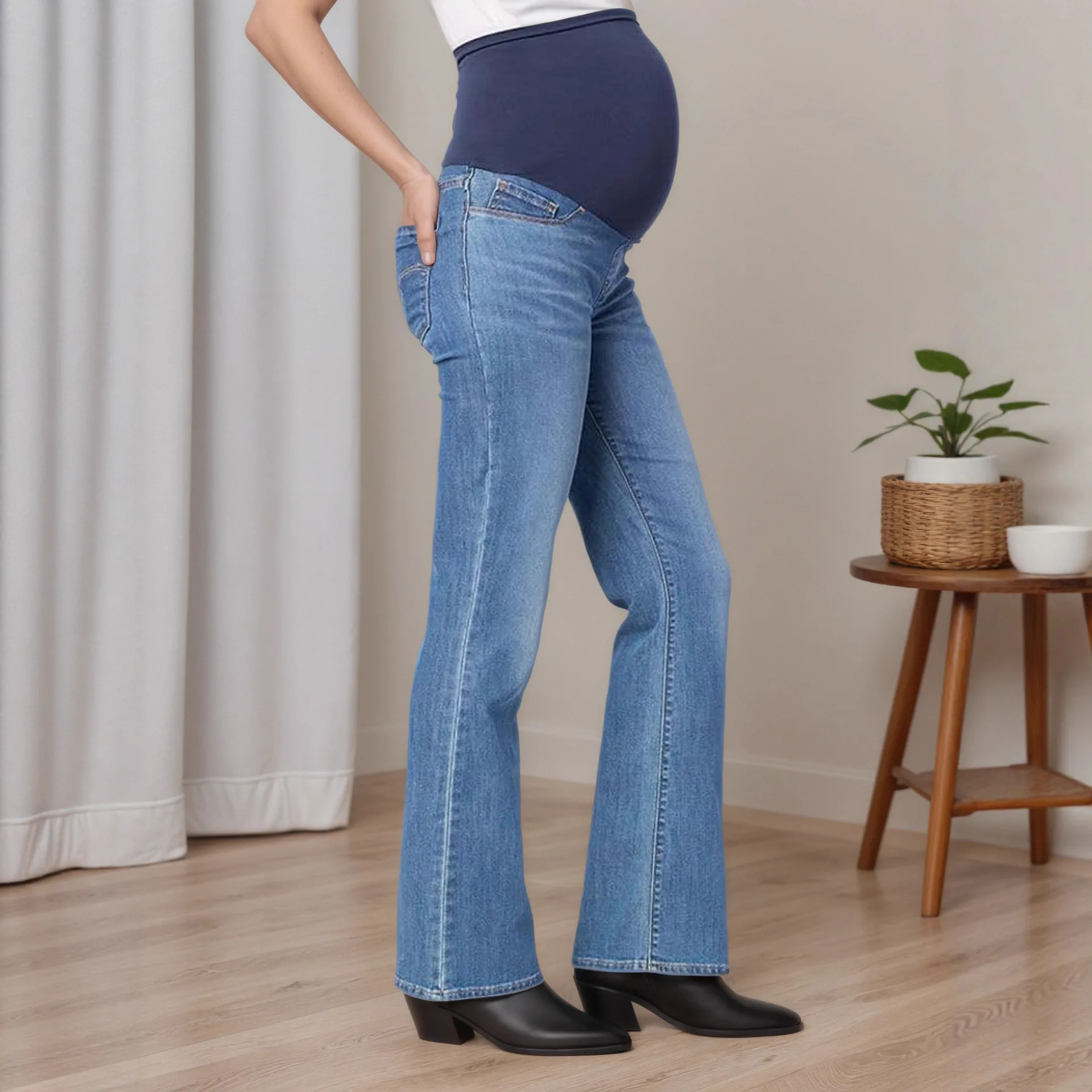Pregnant Women Denim Pants Maternity High Waist Belly Support Slim Fit Jeans Flared Trousers Spring Casual Pregnancy Clothing