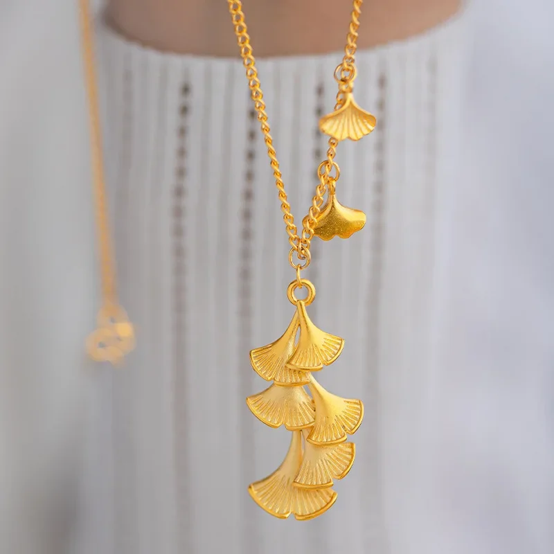 9999 real gold 24K yellow gold Ginkgo biloba clavicle necklace