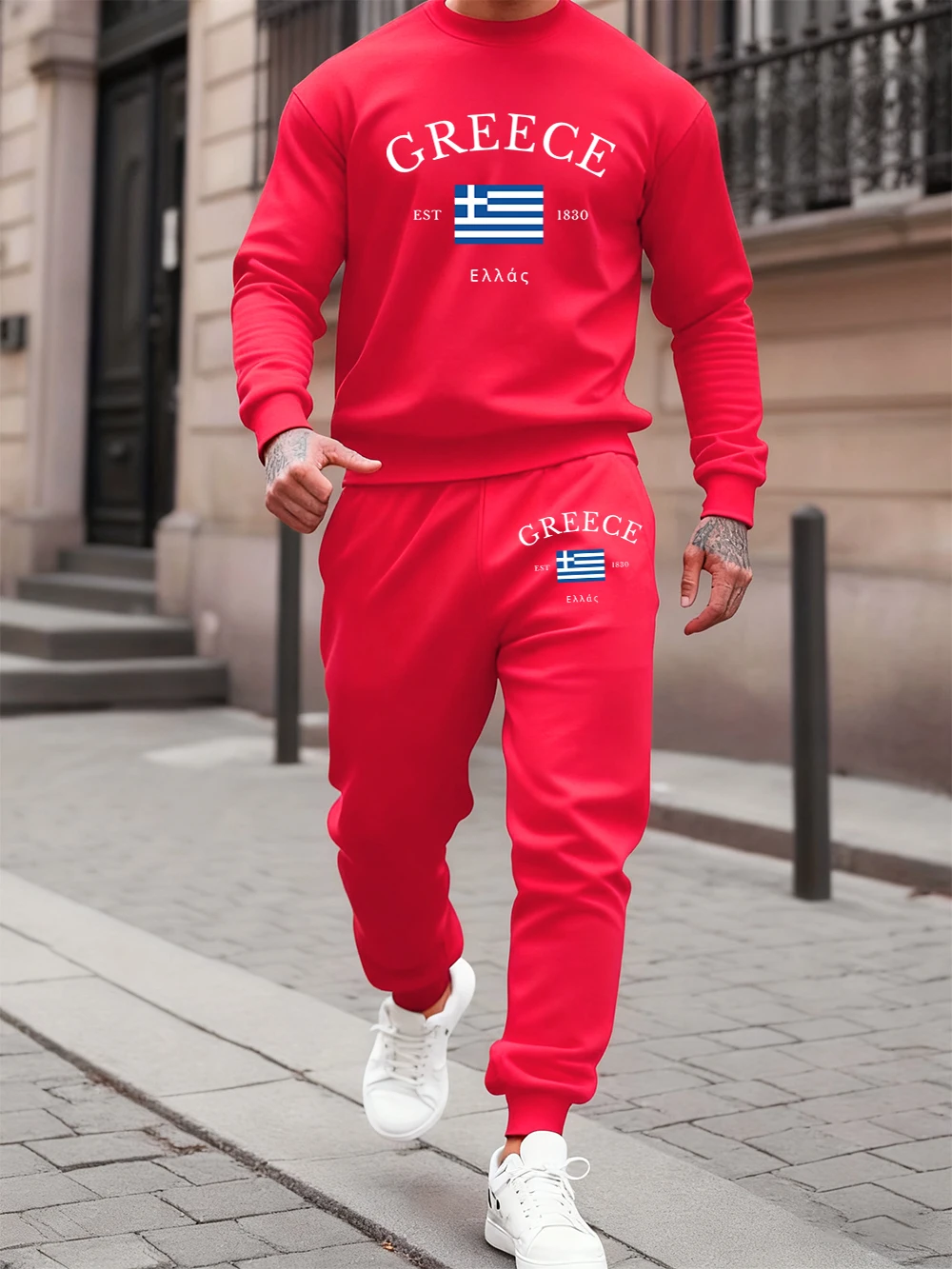 

2 Pcs Hoodies Set Men'S Greece Est 1830 Letter Printing Sweatpants Winter Crewneck Loose Pants Hoody Sporty Fleece Warm Clothes