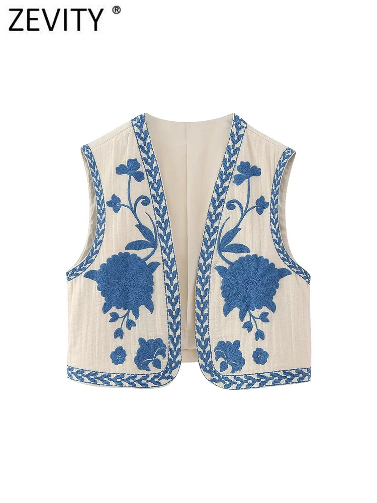 

Zevity Women National Sleeveless Position Floral Embroidery Short Vest Jacket Ladies National Style Casual WaistCoat Tops CT4110