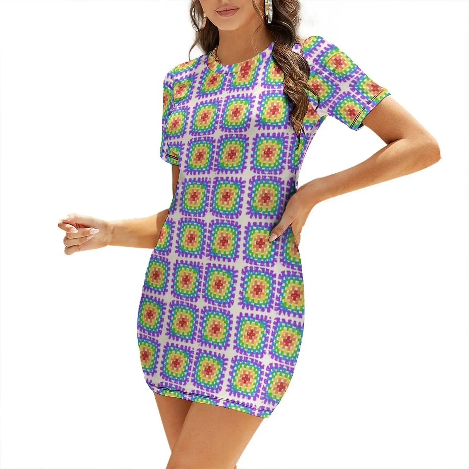 

Rainbow Crochet Granny Square Repeat Short-Sleeved Dress dresses for official occasions Women's clothing Dress women Dress