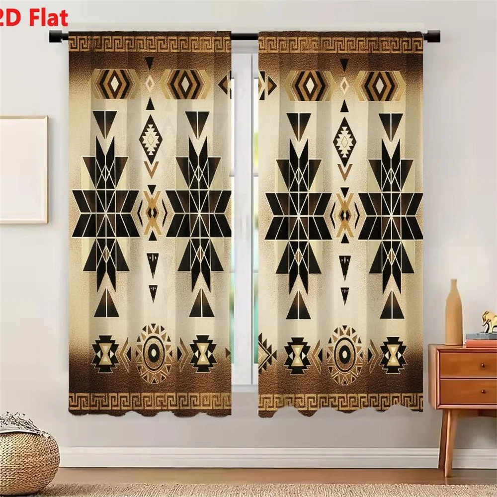 2Pcs Curtains 2D Flat Geometric Pattern Artwork Warm Earthy Browns Golds Blacks Symmetrical Repeating Native American Southweste
