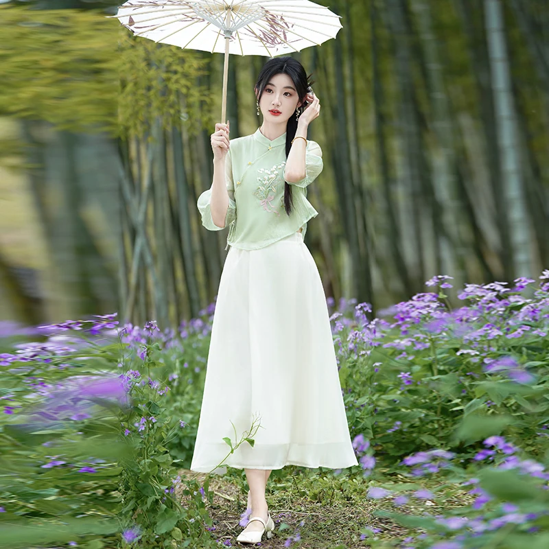 

Новая китайская вышитая женская модная одежда для чайной церемонии: однотонная юбка, летний сезонный этнический костюм