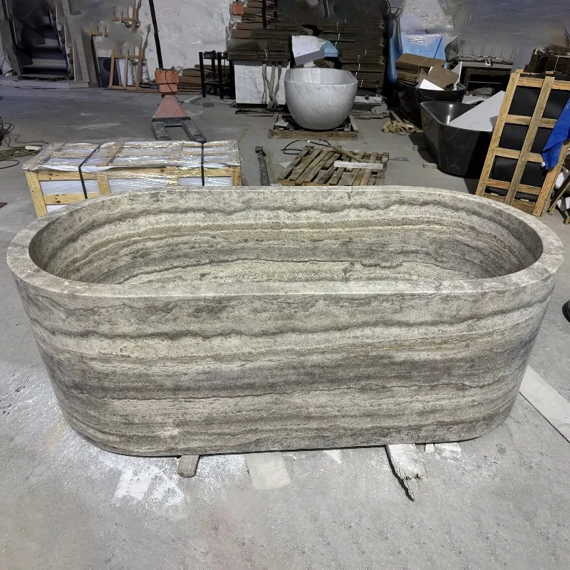 Wholesale Natural Silver Grey Travertine Oval Soaking Stone Bathtub Freestanding Solid Bathroom Bath Tub For Luxury Decoration
