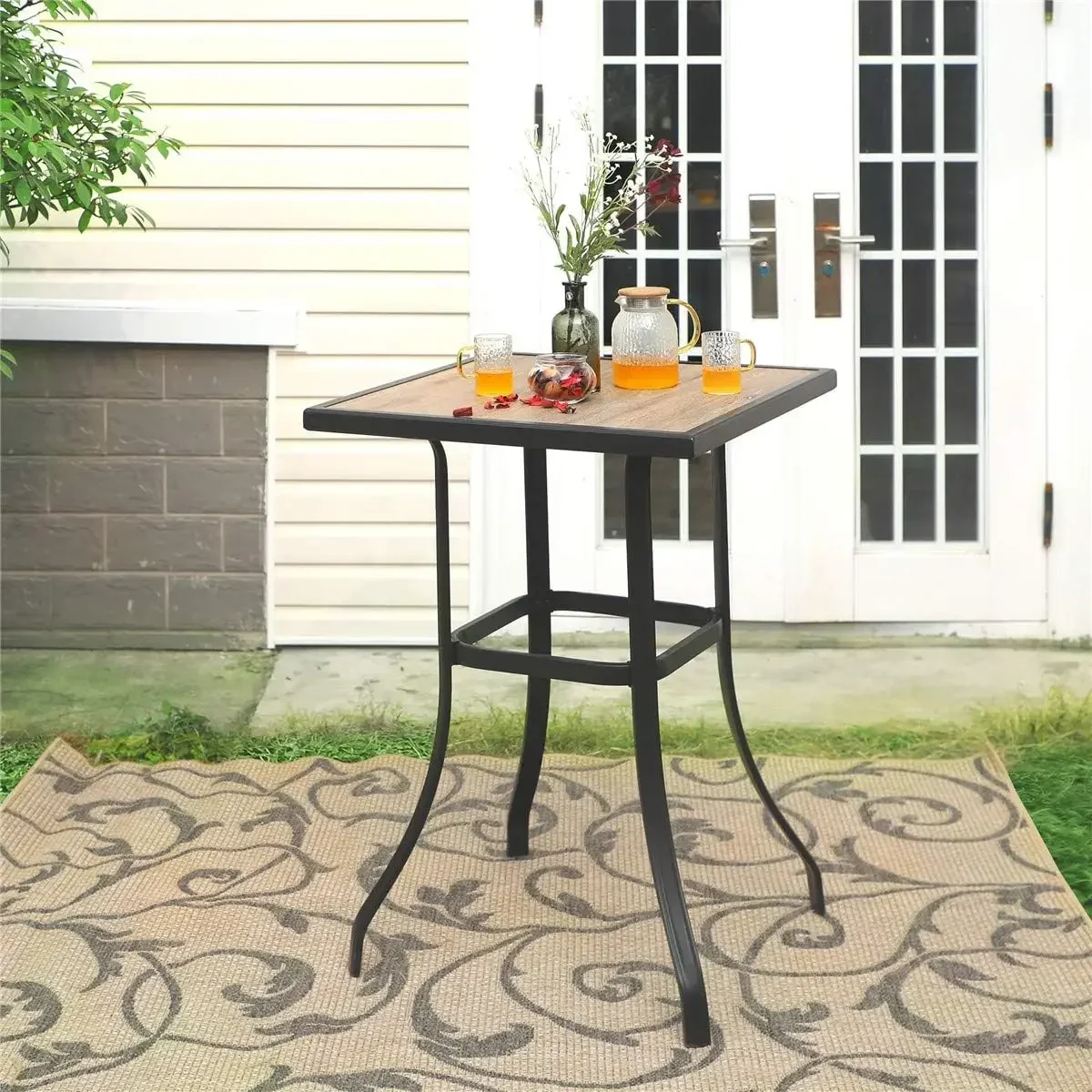 Patio Bar Table, Outdoor Bar Height Bistro Table with Wooden-like Table Top