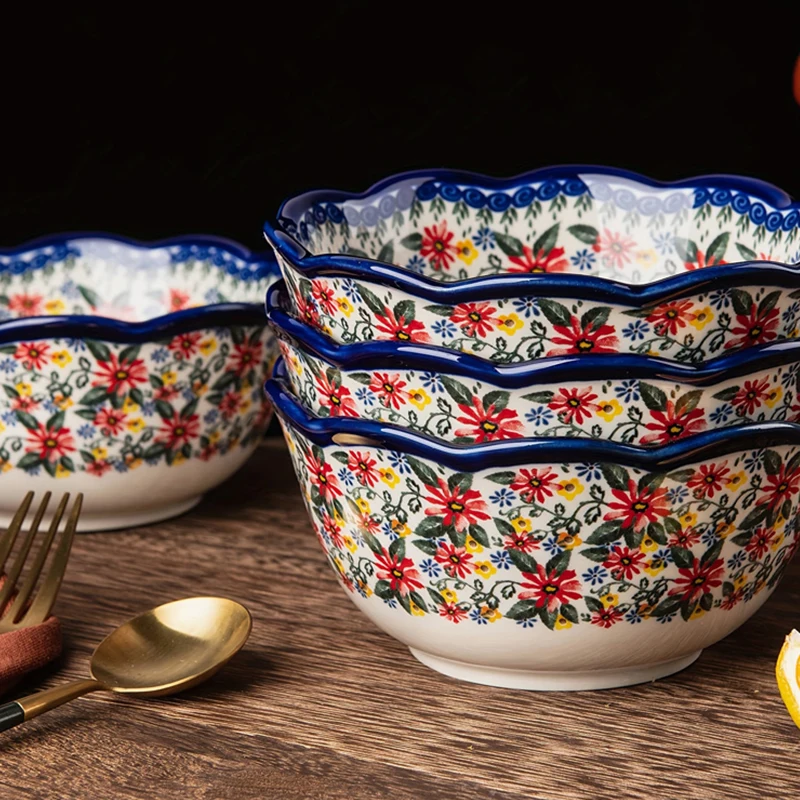 1/2/4/6/8pcs Daiso Ceramic Bowls in Pottery Style, with Wave-Shaped Edges and Floral Patterns