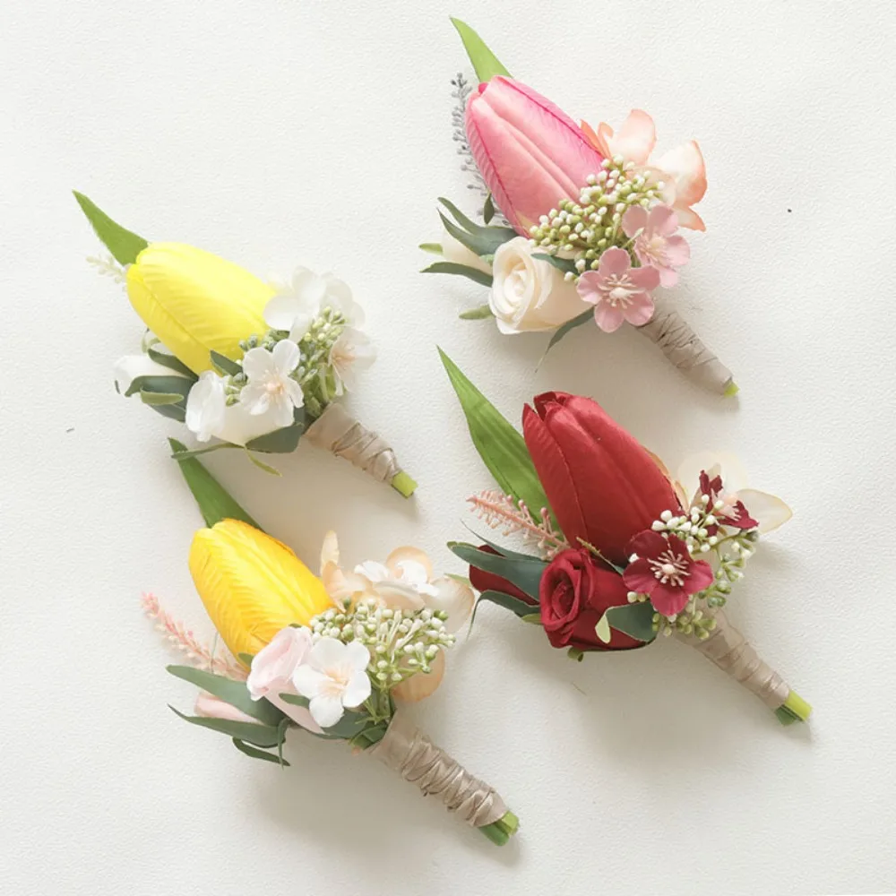 Tulip Corsage Flower Boutonniere for Men Groom Burgundy Party Artificial Flower Wedding Flower Bracelets Wedding Decoration