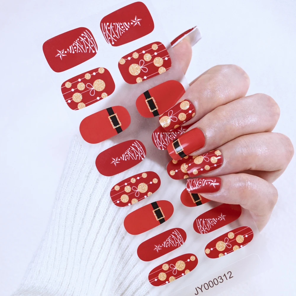 16 Tipps/Blatt, rote Weihnachts-Gel-Nagelaufkleber, Schneeflocken, Stern, Glitzer, Linien-Design, backfreier Nagelwickel, selbstklebender Weihnachtsschieber