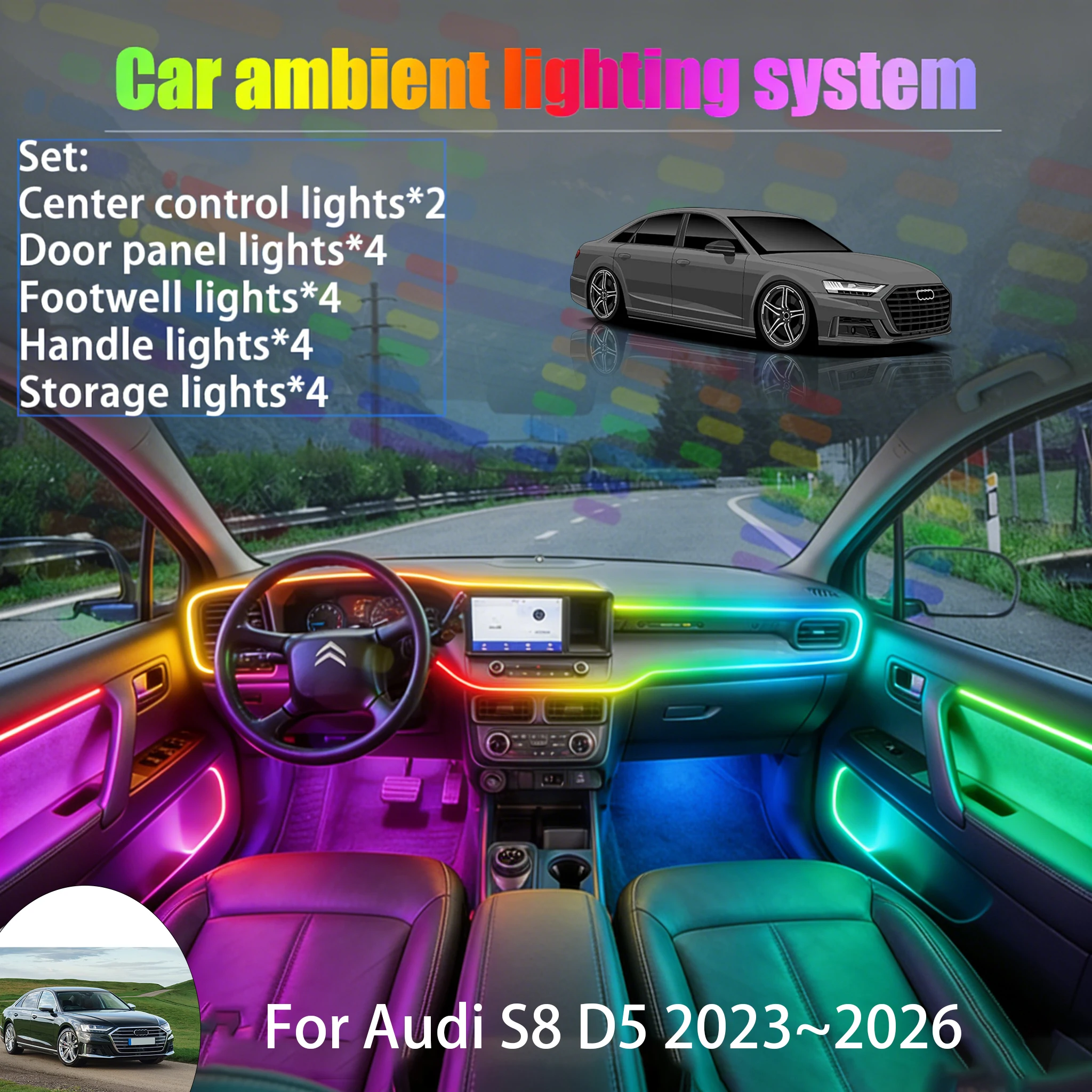 

For Audi S8 D5 2023~2026 MK4 2/18 in 1 Car ambient lighting Led trunk interior led lights USB RGB Ensemble Streamer Auto Parts