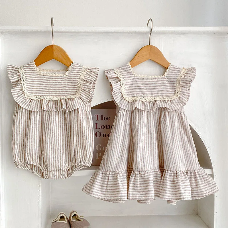 Fashion Baby Girls Clothes Girls Dress Striped Lace Summer New Baby Girl Romper Sister Matching Outfit Princess Dresses 0-6Y