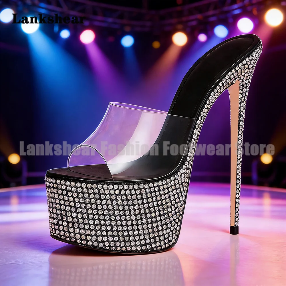 

Clear Strap Rhinestone Platform Heels Mules Slippers Peep Toe Stilettos Pumps Women Shoes Party Shoes Sandalias De Mujer Verano