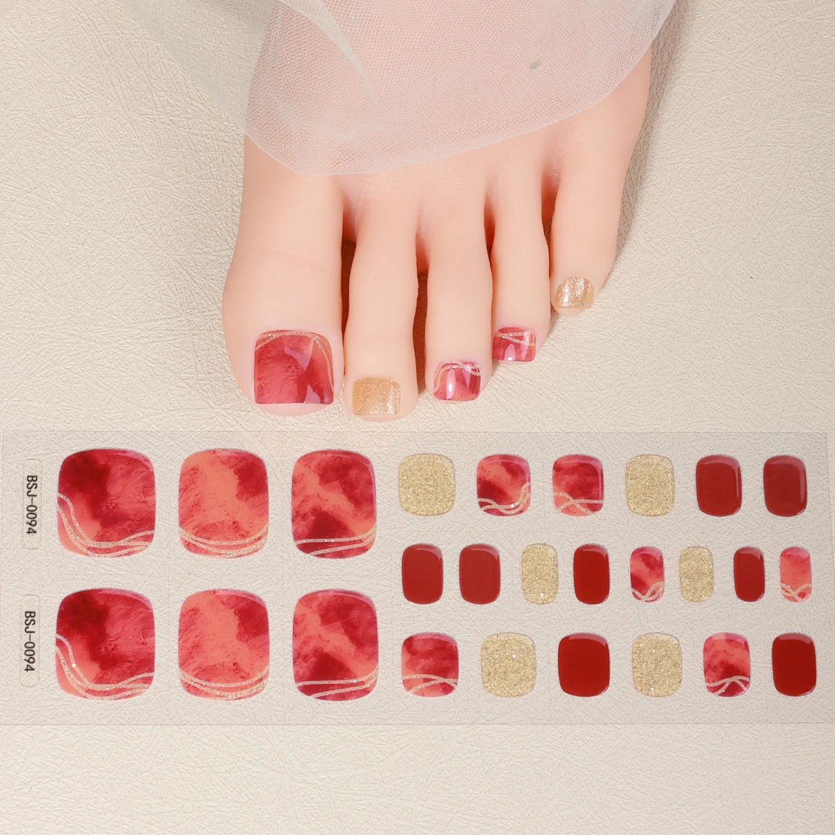 

26Tips French Toe Gel Nail Strips Red Pedicure Self-adhesive Stickers Full Cover Foot Nail Gel uv Sticker For Women Manicure DIY