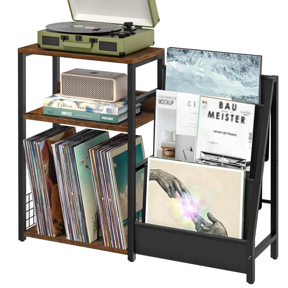 

Record Player Stand With Vinyl Storage, 3 Tier Turntable Stand With Display Shelf Storage Up To 150 Albums,Brown End Table For