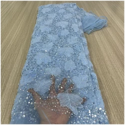 Sky Blue Nigerian Luxury Beaded Tulle Embroidery Lace Fabric 2024 French Heavy Handmade Sequins Net Lace Fabirc For Bridal Dress