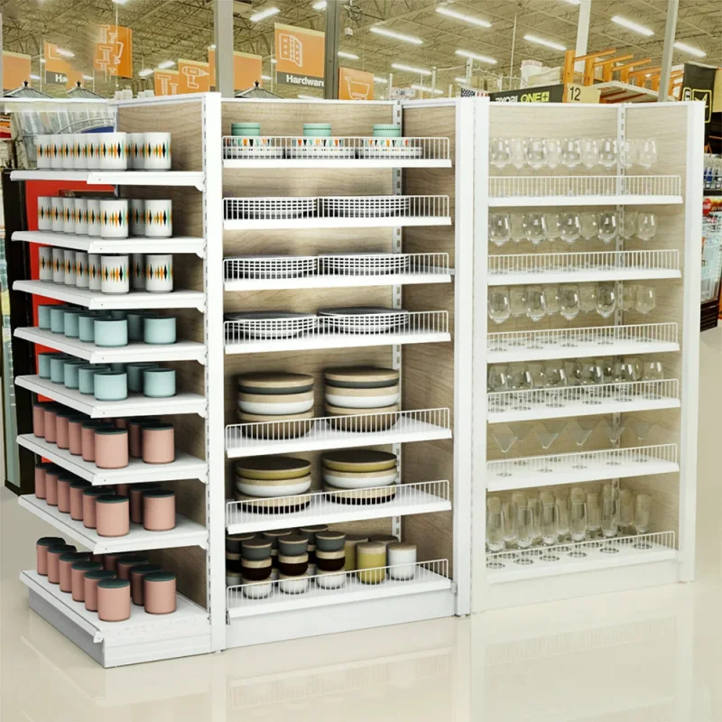 custom.Customized Grocery Store Equipment Shelf Ceramic Tableware and Kitchen Utensils Display Rack Supermarket Double-Sided She
