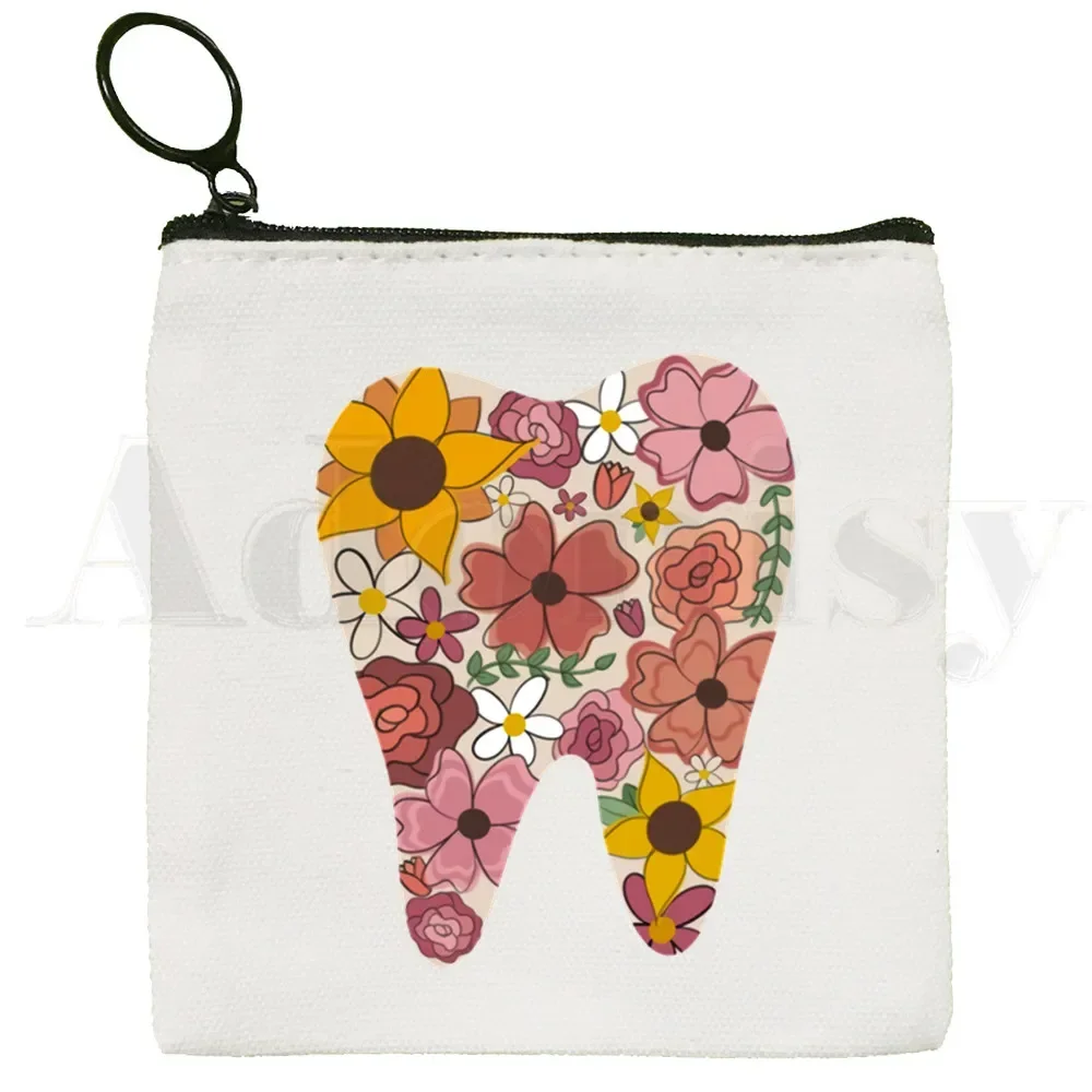 Tooth and Dentist Graphic Aesthetic Funny Coin Purse Storage Small Card Key Bag Coin Clutch Zipper Key Bag