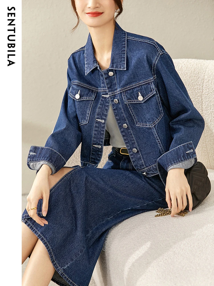 SENTUBILA Denim Two Piece Sets Women 2024 Spring Outfits Casual Fashion Crop Jacket Midi Split Skirt Matching Sets W31Z48578X