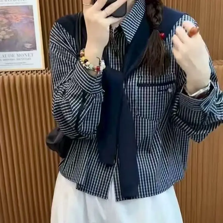 Koreańska długa bluzka w kratę, modna, anty-aging, na wczesną jesień, nowy design, oddychająca poliestrowa bluzka.