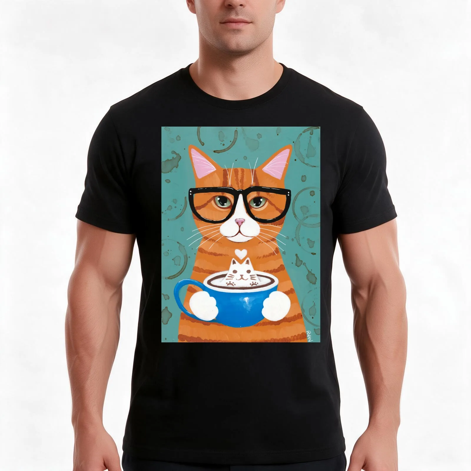Ginger Catpuccino Coffee Cat T-Shirt Summer Casual Cotton Tee Oversized Streetwear Tops Vintage Graphic Print 100% Cotton