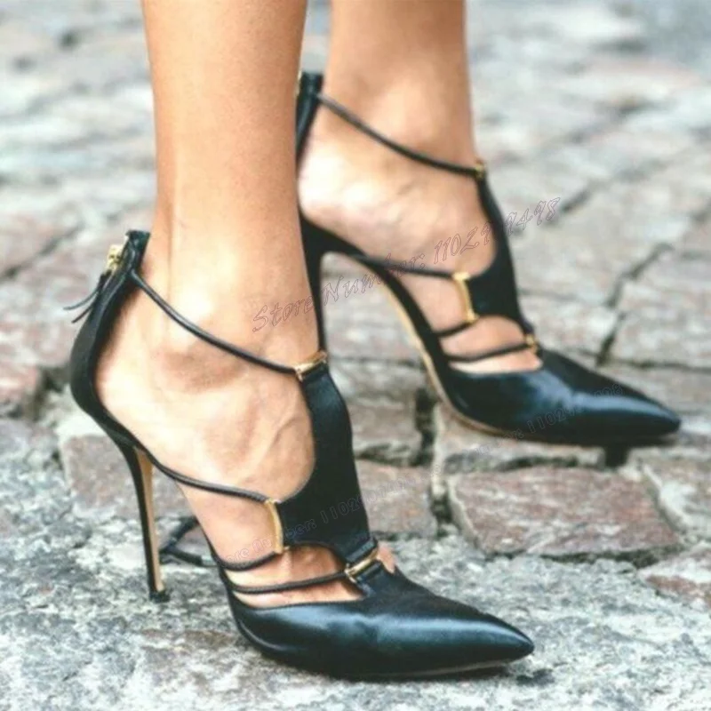 

Black Matte Leather T-Strap Pumps Back Strap Pointy Toe Shoes for Women Cover Heel Thin High Heel Shoes 2023 Zapatos Para Mujere