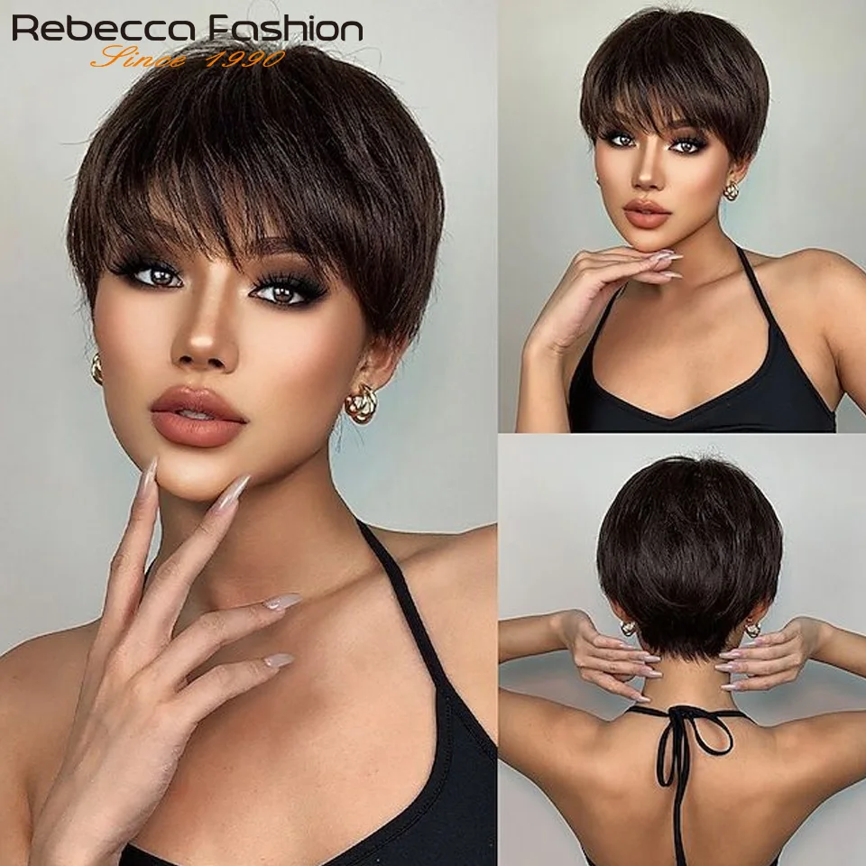 

Brown Hair Wig Pixie Short Cut Colored Straight Human Hair Wig With Bangs Fringe Full Machine Made Wigs For Women Natural Black
